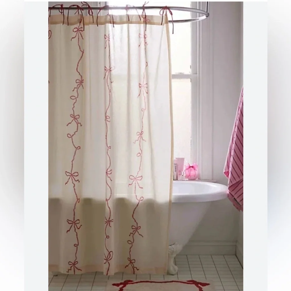 Urban Outfitters Lacey Bows Shower Curtain- Red / Cream - 72” x 72” NWT